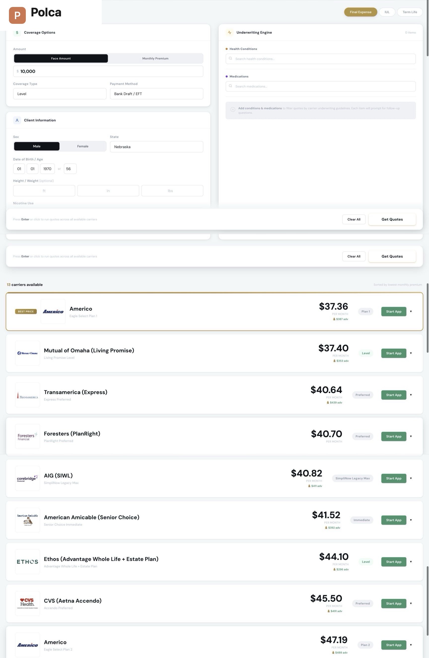 Polca Quote Engine entering a synthetic date of birth and returning live carrier quotes